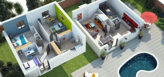 Plan de maison Surface terrain 75 m2 - 3 pièces - 4  chambres -  avec garage 