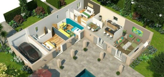 Plan de maison Surface terrain 75 m2 - 3 pièces - 2  chambres -  avec garage 