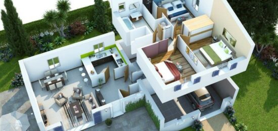 Plan de maison Surface terrain 70 m2 - 3 pièces - 4  chambres -  avec garage 